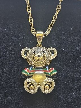 Gold Plated Micropave Teddy Bear Pendant Necklace